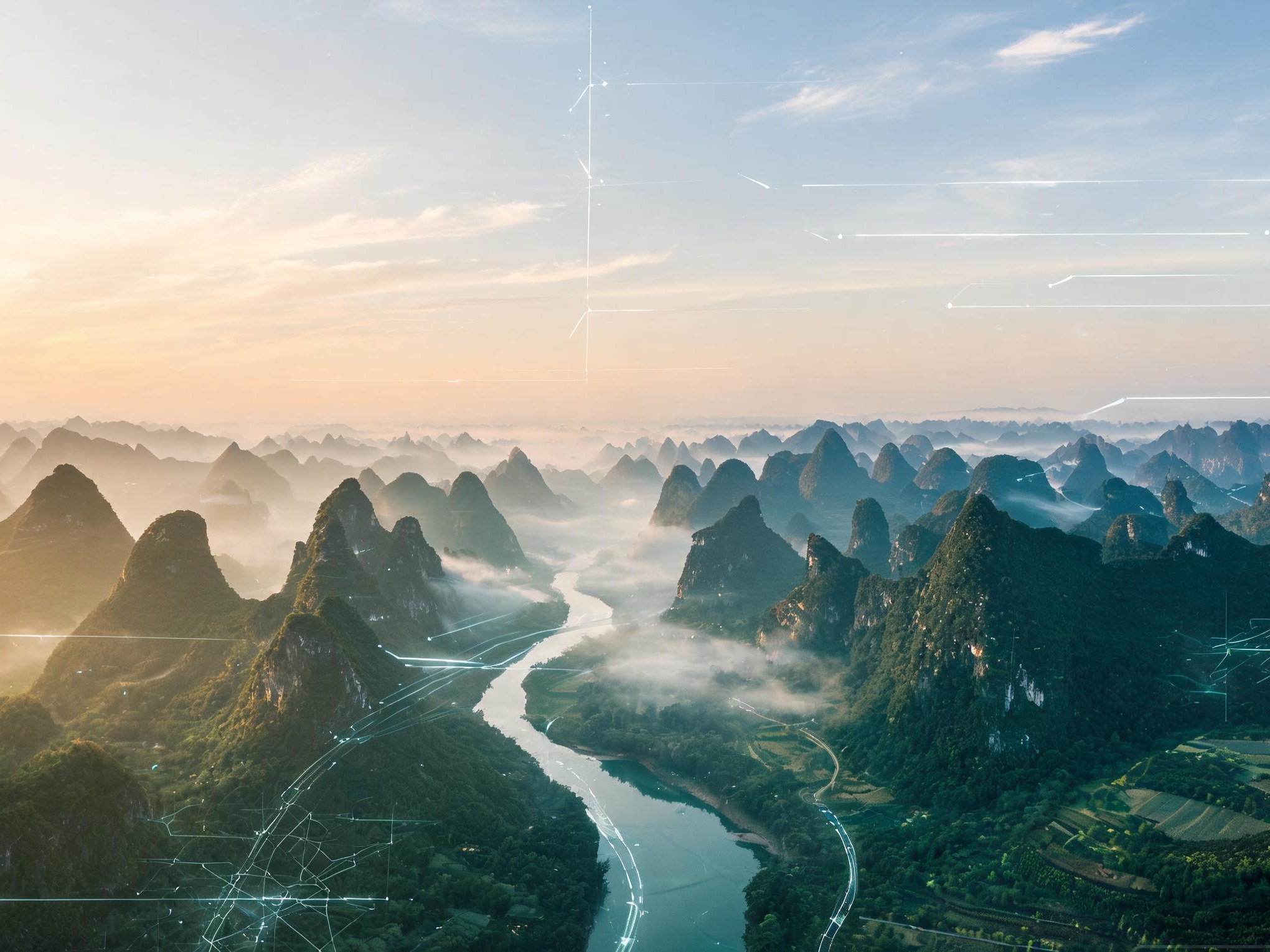 数字化光影覆盖贵州喀斯特山水景区，呼应技术赋能产业与服务创造价值